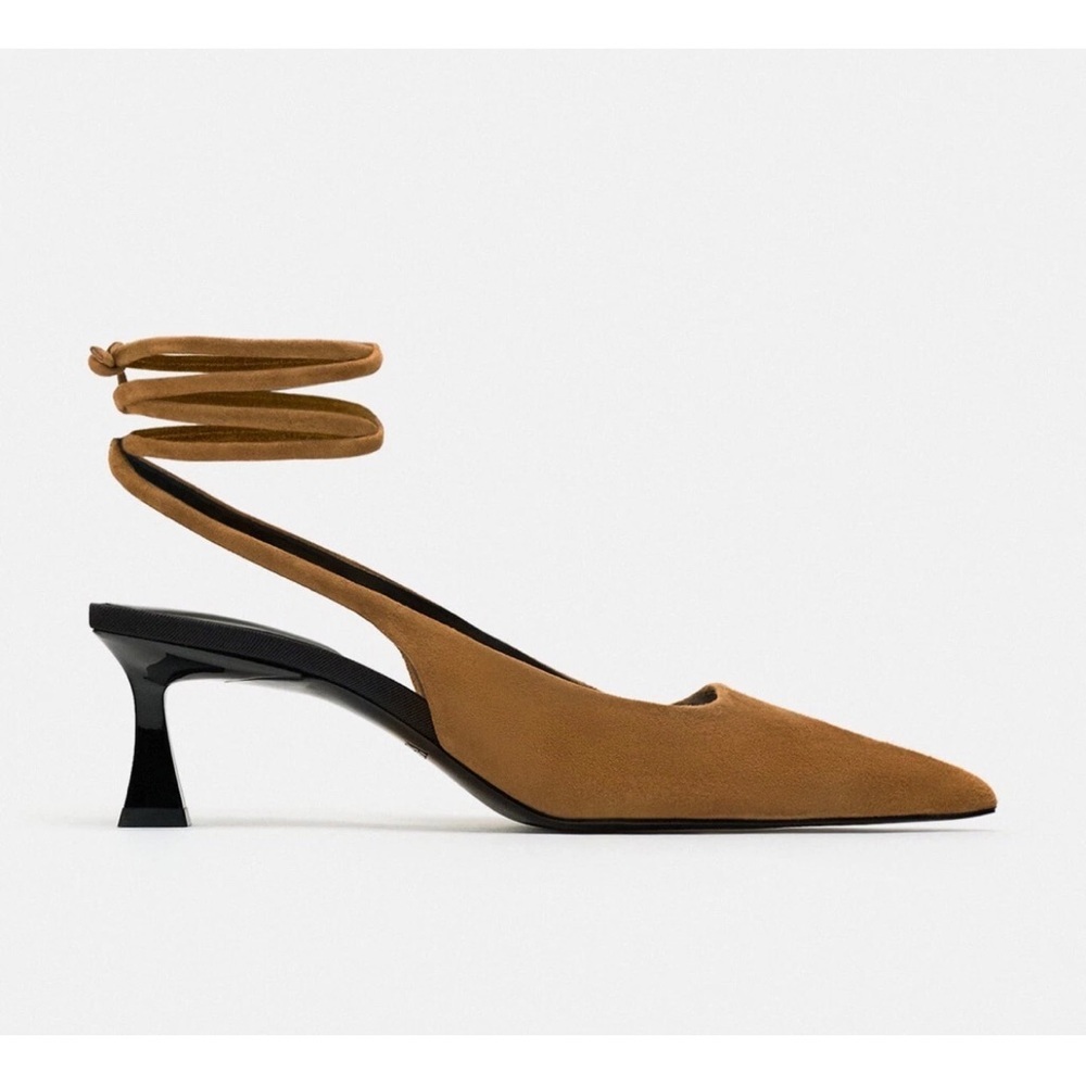 Zara Tan Pointed-Toe Ankle-Tie Slingback Heels - Picture 1 of 5
